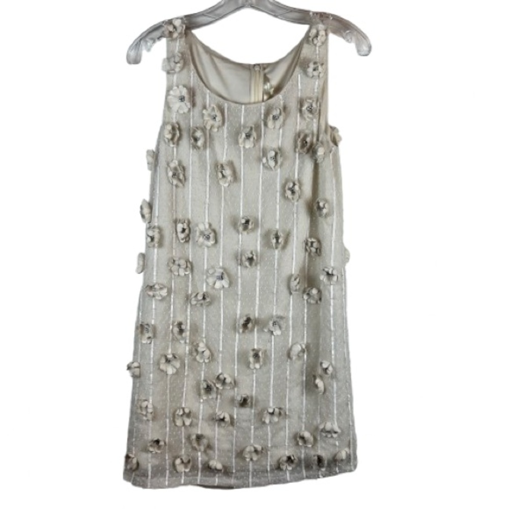 White Cream 3D Floral Appliqué Mini Dress Sleeveless Sheath Party